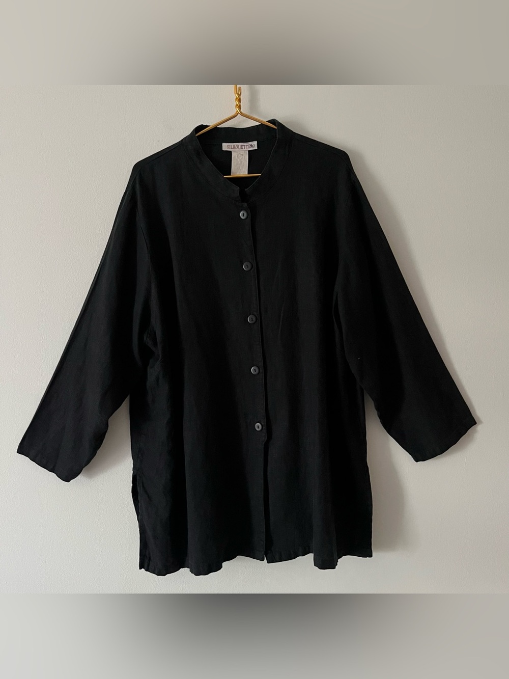 Silhouettes Vintage Linen Black Mandarin Collar Top Lagenlook Minimalist XL